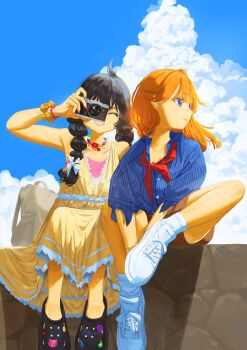 2girls arms_between_legs bead_necklace beads black_hair black_shoes blue_shirt blue_sky bracelet braid brown_bag brown_shorts buttons camera closed_eyes closed_mouth cloud cloudy_sky collarbone collared_shirt commentary cowlick crocs day dress dress_shirt facing_viewer figure_four_sitting full_body hair_half_over_shoulder hair_ribbon hand_up highres holding holding_camera idolmaster idolmaster_cinderella_girls jewelry lace lace-trimmed_dress lace_trim long_dress long_hair looking_to_the_side matoba_risa multiple_bracelets multiple_girls neckerchief necklace on_rock one_eye_covered orange_hair outdoors pink_nails pink_shirt pinstripe_pattern pinstripe_shirt purple_eyes red_neckerchief ribbon sakuraop shirt shoes short_sleeves shorts sitting sky sleeveless sleeveless_dress sleeves_rolled_up smile sneakers socks sparkle taking_picture twin_braids white_ribbon white_shoes white_socks yellow_dress yuuki_haru