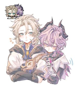 2boys albedo_(genshin_impact) black_gloves blonde_hair blue_eyes blush braid closed_mouth commentary crossed_bangs csye003 curtained_hair diamond_(shape) dragon_boy dragon_horns elbow_gloves gem genshin_impact gloves hair_between_eyes half_up_half_down_braid high_collar highres hood horns long_sleeves looking_at_viewer male_focus medium_hair mini_durin_(genshin_impact) mini_durin_(human)_(genshin_impact) multiple_boys open_mouth purple_eyes purple_hair reference_inset short_sleeves simple_background upper_body vision_(genshin_impact) white_background