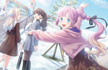 Rule 34 | 3girls, :d, ^ ^, ahoge, anyoji hime, arms behind back, black boots, black pantyhose, black ribbon, blonde hair, blue hair, blush, boots, brown dress, closed eyes, dress, fang, formal clothes, fujishima megumi, fujishima megumi (post-graduation), game cg, gradient hair, grey jacket, hair intakes, hair ribbon, happy, hasu no sora school uniform, highres, hood, hooded jacket, in-universe location, jacket, knee boots, link! like! love live!, long sleeves, love live!, medium dress, miniskirt, mira-cra park!, multi-tied hair, multicolored hair, multiple girls, non-web source, official art, open clothes, open jacket, open mouth, osawa rurino, outdoors, outstretched arms, pantyhose, pink jacket, pleated dress, pleated skirt, ponytail, raised inner eyebrows, ribbon, sailor collar, sailor dress, school uniform, sidelocks, skirt, skirt suit, smile, snow, stairs, standing, suit, twintails, virtual youtuber, white sailor collar, winter, winter uniform