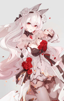 Rule 34 | 1girl, absurdres, ai dongdong, bare shoulders, bat tattoo, black collar, breasts, chest tattoo, collar, commentary request, cowboy shot, detached sleeves, dress, earrings, flower, hair between eyes, hair flower, hair ornament, highres, honkai (series), honkai impact 3rd, jewelry, large breasts, long hair, looking at viewer, luna (honkai impact), luna (till death do us part) (honkai impact), official alternate costume, parted lips, red eyes, red flower, red rose, ring, rose, sidelocks, signature, simple background, solo, tattoo, thighhighs, thighs, very long hair, wedding dress, white dress, white flower, white hair, white rose, white sleeves, white thighhighs, zettai ryouiki