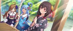 3girls :d ahoge aqua_(konosuba) black_kimono blue_hair blue_kimono bow box braid brown_hair crown_braid day donation_box dot_nose expressionless floral_print floral_print_kimono flower fur-trimmed_kimono fur_trim furisode game_cg green_eyes hair_bow hair_flower hair_ornament hair_over_one_eye hair_rings hands_up highres japanese_clothes kimono kono_subarashii_sekai_ni_shukufuku_wo! konosuba!_fantastic_days long_hair medium_hair multiple_girls obi official_art open_mouth outdoors own_hands_together pillar pink_flower praying print_kimono purple_flower red_bow red_eyes rope sash shrine single_hair_ring smile sunlight third-party_source tree wiz_(konosuba) yellow_eyes yunyun_(konosuba)