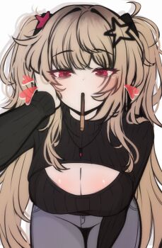 1girl black_sweater blonde_hair breasts cleavage cleavage_cutout clothing_cutout commentary cowboy_shot english_commentary food food_in_mouth grey_pants hair_ornament hand_on_own_cheek hand_on_own_face heart heart-shaped_pupils highres jewelry large_breasts leaning_forward long_hair long_sleeves looking_at_viewer miki_(dokidomiki) mouth_hold necklace open-chest_sweater original pants pink_eyes pocky pocky_in_mouth ringed_eyes saku_ushi_(voice_actor) simple_background solo star_(symbol) star_hair_ornament sweater symbol-shaped_pupils syringe syringe_necklace twintails white_background