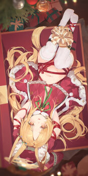 1girl absurdres animal_ears bell berserker_r blonde_hair blue_archive bound box capelet chinese_commentary christmas christmas_tree commentary_request flat_chest fox_ears from_above fur-trimmed_capelet fur_trim gift gift_box hair_ornament halo highres in_box in_container long_hair looking_at_viewer navel neck_bell no_panties orange_eyes red_capelet red_ribbon ribbon ribbon_bondage seia_(blue_archive) solo thighhighs toes white_thighhighs yellow_halo