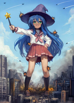 1girl :3 aircraft airplane black_socks blue_hair brown_shoes city explosion fighter_jet giant giantess green_eyes hat holding holding_wand izumi_konata loafters looking_at_viewer lucky_star military_vehicle neckerchief red_neckerchief red_skirt rubble ryouou_school_uniform school_uniform serafuku shoes skirt socks solo wand witch_hat yilx