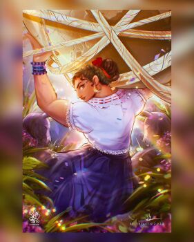 1girl brown_eyes brown_hair colombian_clothes commentary curly_hair dark-skinned_female dark_skin earrings encanto english_commentary highres jewelry luisa_madrigal muscular muscular_female roytheart shirt short_hair skirt smile