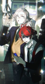 2boys absurdres ahoge aizendai alternate_costume aotsuki_eito black_hair black_jacket black_necktie black_pants blue_eyes cellphone chinese_commentary collared_shirt commentary_request eyelashes grey_hair hair_between_eyes hand_grip height_difference highres holding holding_hand_grip holding_phone instrument_case instrument_case_on_back jacket lapels long_sleeves male_focus multicolored_hair multiple_boys necktie notched_lapels open_clothes open_jacket open_mouth pale_skin pants phone red_hair school_uniform shirt short_hair sign smartphone smile streaked_hair sumino_takumi sweater_vest the_hundred_line_-last_defense_academy- train_interior two-tone_hair watermark white_shirt yellow_sweater_vest