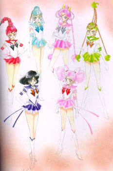 Rule 34 | 1990s (style), 6+girls, amazons quartet, back bow, bishoujo senshi sailor moon, bishoujo senshi sailor moon stars, black bow, black hair, blue bow, blue choker, blue hair, blue sailor collar, blue skirt, bob cut, boots, bow, brooch, brown bow, cerecere (sailor moon), chibi usa, choker, clenched hand, cone hair bun, crossed arms, double bun, earrings, elbow gloves, full body, gloves, green choker, green hair, green sailor collar, green skirt, grey bow, hair bun, hair up, hand on own hip, hands on own hips, highres, jewelry, junjun (sailor moon), knee boots, light blue hair, magical girl, multi-tied hair, multiple girls, non-web source, official art, pallapalla (sailor moon), pink choker, pink hair, pink sailor collar, pink skirt, purple choker, purple sailor collar, purple skirt, red bow, red choker, red hair, red sailor collar, red skirt, retro artstyle, sailor ceres, sailor chibi moon, sailor collar, sailor juno, sailor pallas, sailor saturn, sailor senshi, sailor senshi uniform, sailor vesta, short twintails, signature, skirt, standing, star (symbol), star brooch, star choker, super sailor chibi moon (stars), super sailor saturn (stars), takeuchi naoko, tiara, tomoe hotaru, twintails, vesves (sailor moon), white footwear, white gloves, yellow bow
