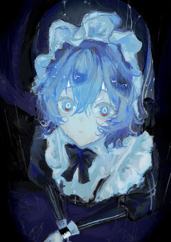 1girl absurdres aoi_(shibou_yuugi) blue_eyes blue_hair bound bound_wrists commentary_request hair_between_eyes hat highres looking_up rain sfnnezl_0u0 shibou_yuugi_de_meshi_wo_kuu. solo water wet