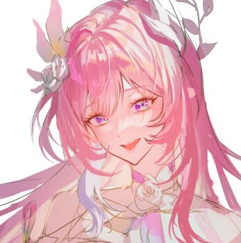 1girl cyrene_(honkai:_star_rail) cyrene_(ripples_of_past_reverie)_(honkai:_star_rail) diamond-shaped_pupils diamond_(shape) dokseong flower hair_flower hair_ornament honkai:_star_rail honkai_(series) open_mouth pink_hair pointy_ears purple_eyes simple_background smile solo symbol-shaped_pupils upper_body white_background