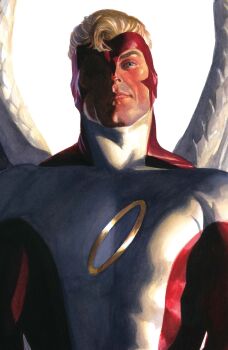 1boy absurdres alex_ross angel_(x-men) blonde_hair blue_eyes bodysuit comic_cover cover cover_page feathered_wings feathers highres looking_at_viewer male_focus marvel multicolored_bodysuit muscular muscular_male official_art one_eye_in_shadow realistic red_bodysuit short_hair solo upper_body western_comics_(style) white_background white_bodysuit white_feathers white_wings wings x-men