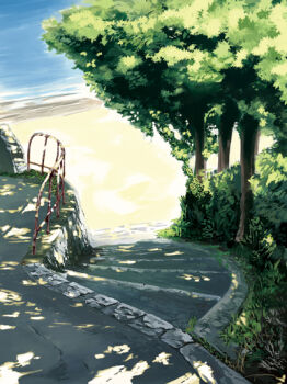 beach dappled_sunlight day grass koban_(times) nature no_humans ocean original path railing road scenery shade stairs sunlight tree tree_shade