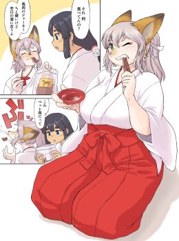 2girls animal_ears animal_nose black_hair blue_eyes blush breasts clenched_teeth closed_mouth commentary_request eating food green_eyes grey_hair hair_between_eyes highres holding holding_food japanese_clothes katou_(katohayabusa) large_breasts long_hair multiple_girls one_eye_closed open_mouth original outline ponytail seiza shadow sidelocks simple_background sitting speech_bubble talking teeth thick_eyebrows translation_request white_background white_outline