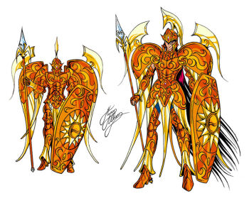1boy ares_(mythology) ares_(saint_seiya) armor artist_name black_hair full_armor gauntlets greek_mythology helmet holding light_smile long_hair male_focus marco_albiero mask orange_theme original pauldrons polearm red_eyes saint_seiya shield shoulder_armor signature simple_background solo spear standing very_long_hair weapon white_background wings