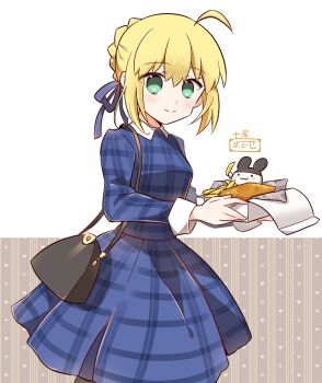 1girl 1other ahoge artist_self-insert artoria_pendragon_(fate) bag blonde_hair blue_dress blue_ribbon box braid braided_bun dress fate/stay_night fate_(series) food green_eyes hair_bun hair_ribbon holding holding_box holding_food ribbon saber_(fate) shoulder_bag tsuchiya_madose