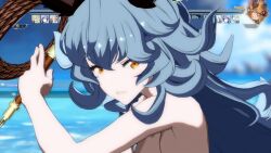 2girls 3d animal_ears animated beach blue_hair bow breasts brown_hair erune ferry_(granblue_fantasy) fighting granblue_fantasy granblue_fantasy_versus:_rising highres metera_(granblue_fantasy) multiple_girls nipples nude nude_filter nude_mod outdoors sound tagme third-party_edit video weapon whip