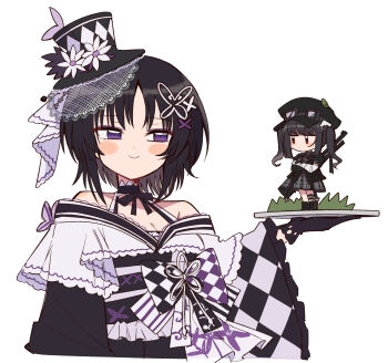 2girls bare_shoulders black_gloves black_hair black_hat black_kimono blush_stickers butterfly_hair_ornament butterfly_hat_ornament checkered_sleeves closed_mouth flower gloves gun hair_ornament hand_up hat hat_flower hat_ornament highres holding holding_plate housho_margo japanese_clothes kimono kudach_i kurobe_nanoka lolita_fashion long_hair long_sleeves looking_at_another mahou_shoujo_no_majo_saiban mini_hat mini_person mini_top_hat minigirl multiple_girls parted_bangs plate purple_eyes rifle short_hair simple_background smile top_hat twintails wa_lolita weapon white_background