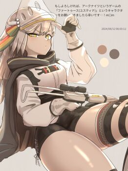 1girl absurdres arknights black_shorts bow_(weapon) breasts commentary_request crossbow fartooth_(arknights) feather_hair grey_background grey_hair highres holding holding_crossbow holding_weapon limbless_crossbow long_hair long_sleeves looking_at_viewer odaibako raised_eyebrow request_inset shirt shorts simple_background solo tairanoabokado thighs translation_request visor_(armor) visor_lift weapon white_shirt yellow_eyes