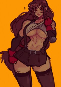 1girl absurdres bare_shoulders black_skirt black_thighhighs breasts brown_hair closed_mouth clothes_lift commentary cowboy_shot double-parted_bangs elbow_gloves final_fantasy final_fantasy_vii gloves grey_tank_top hand_up highres large_breasts lifting_own_clothes lips long_hair looking_at_viewer miniskirt orange_background red_eyes red_gloves shirt_lift simple_background skirt solo stomach suspender_skirt suspenders sweat tank_top thighhighs tifa_lockhart tsurime widisu
