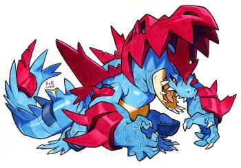 absurdres black_sclera blue_skin claws colored_sclera colored_skin commentary english_commentary feraligatr full_body gen_2_pokemon highres mega_feraligatr mega_pokemon nintendo open_mouth pokemon pokemon_(creature) pokemon_focus railroadlion red_eyes scales sharp_teeth simple_background standing teeth white_background