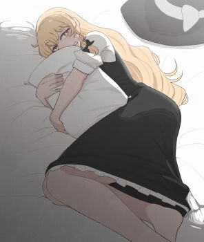 1girl apron barefoot black_bow black_hat black_skirt black_vest blonde_hair bow braid commentary english_commentary frilled_skirt frills hair_bow hat hat_bow highres hugging_object kirisame_marisa long_hair lying mata_(matasoup) missing_headwear on_side open_mouth pillow pillow_hug puffy_short_sleeves puffy_sleeves shirt short_sleeves side_braid single_braid skirt solo touhou unworn_headwear very_long_hair vest waist_apron white_apron white_bow white_shirt witch_hat yellow_eyes