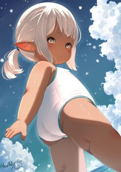 1girl absurdres ass blue_sky cloud commentary_request dark-skinned_female dark_skin day final_fantasy final_fantasy_xiv flat_chest from_below highres lalafell loli looking_at_viewer one-piece_swimsuit outdoors parted_lips pointy_ears ponytail shelldy short_hair signature sky solo swimsuit wading white_hair white_one-piece_swimsuit