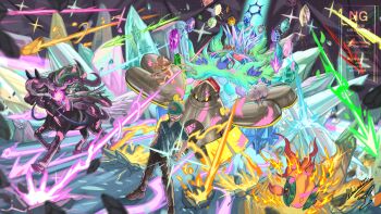 1boy alternate_color aqua_eyes aqua_hat aqua_shirt baseball_cap black-framed_eyewear black_pants black_shoes bright_pupils brown_hair calyrex calyrex_(rider) chi-yu_(pokemon) closed_mouth collared_shirt commission crystal debris energy_ball energy_beam fire gem gen_2_pokemon gen_5_pokemon gen_8_pokemon glasses hat highres holding holding_tera_orb horse iron_hands_(pokemon) legendary_pokemon metal_skin mochachiiino nintendo non-humanoid_robot nostrils original pants pokemon pokemon_(creature) pokemon_team rayman_limbs robot shiny_pokemon shirt shoes short_hair short_sleeves signature smeargle spectrier standing tera_orb terapagos terapagos_(stellar) watermark whimsicott white_pupils yellow_eyes