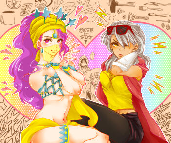 ... 4girls arm_behind_head black_leggings black_skirt dark-skinned_female dark_skin enya_geil eyewear_on_head forehead_jewel frown headdress heart heart-shaped_pupils hood interlocked_fingers jojo_no_kimyou_na_bouken leggings long_hair mariah_(jojo) midler mouth_veil multiple_girls nena_(jojo) pasties pink_eyes pink_hair skirt smile sound_effects spoken_ellipsis star_(symbol) star_pasties stardust_crusaders starfish_bikini stomach sudataro sunglasses symbol-shaped_pupils tools veil white_hair yellow_eyes