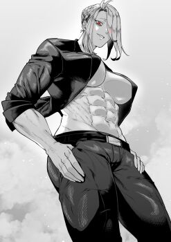 1girl belt breasts cleavage greyscale hair_bun hair_over_eyes highres jacket large_breasts looking_at_viewer looking_down monochrome muscular muscular_female open_clothes open_jacket open_shirt original pants red_eyes shimizu_ginkaku simple_background smile solo tight_clothes tight_pants underboob veins veiny_arms