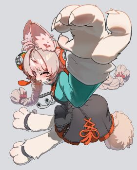 1girl absurdres ahoge animal_ear_fluff animal_ear_piercing animal_ears blush braid bright_pupils furry furry_female hair_ornament highres imaweedman01 long_hair looking_at_viewer open_mouth pink_fur pink_hair rabbit rabbit_ears rabbit_girl rabbit_tail red_eyes shirt short_eyebrows solo tail thick_eyebrows twin_braids white_pupils zenless_zone_zero zhao_(zenless_zone_zero)