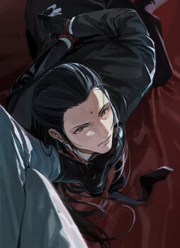 2boys absurdres bdsm bindi black_footwear black_gloves black_hair black_suit boots bound bound_wrists earrings final_fantasy final_fantasy_vii final_fantasy_vii_remake formal_clothes gloves highres jewelry long_hair looking_at_viewer lying male_focus multiple_boys out_of_frame red_eyes restrained rope rufus_shinra shou_rou square_enix suit tseng turks_(ff7) yaoi