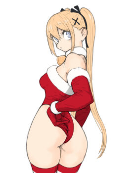 1girl ass bare_shoulders blonde_hair breasts commentary_request dead_or_alive from_behind fur_trim gloves grey_eyes highres leotard long_hair looking_at_viewer looking_back marie_rose red_gloves red_leotard santa_costume santa_leotard small_breasts solo thighhighs toshinoshin twintails