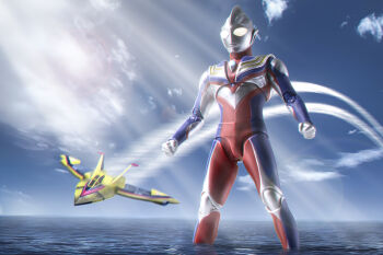 1boy absurdres aircraft airplane alien armor blue_sky breastplate clenched_hands cloud cloudy_sky color_timer colored_skin commentary compound_eyes contrail crystal day diffraction_spikes dorsal_fin fighter_jet figure_(medium) forehead_jewel giant giant_male glowing glowing_eyes guts_wing highres horizon legs_apart looking_ahead love894anon male_focus military_vehicle multicolored_skin no_pupils ocean outdoors pectorals photo_(medium) purple_skin red_skin sh_figuarts silver_skin sky solo standing tokusatsu toned toned_male ultra_series ultraman_tiga ultraman_tiga_(multi_type) ultraman_tiga_(series) wading white_eyes wrinkled_skin