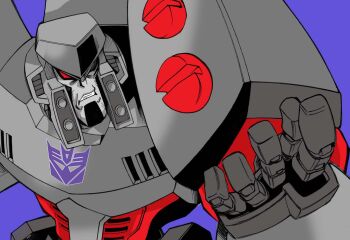 decepticon helmet humanoid_robot insignia machine mecha mecha_focus megatron no_humans purple_background red_eyes robot science_fiction solo transformers transformers_animated tsushima_naoto
