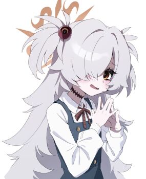 1girl black_choker black_dress black_eyes blue_archive brown_eyes brown_halo buttons choker diagonal-striped_ribbon double-breasted dress hair_bobbles hair_ornament halo highres kanoe_(blue_archive) long_hair long_sleeves multicolored_eyes one_eye_covered own_hands_together pineap000 shirt short_twintails simple_background solo twintails two-tone_eyes very_long_hair wavy_hair white_background white_shirt