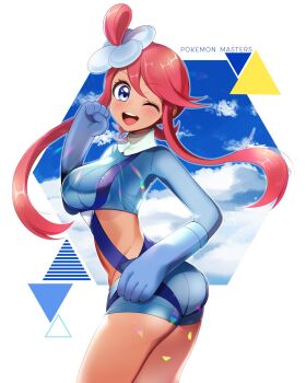 Rule 34 | 1girl, ass, blue eyes, blue sky, blush, breasts, cloud, crop top, dark-skinned female, dark skin, gloves, large breasts, long hair, midriff, nintendo, one eye closed, pokemon, pokemon bw, pokemon masters ex, red hair, shorts, sky, skyla (pokemon), teeth, upper teeth only, yuimellow