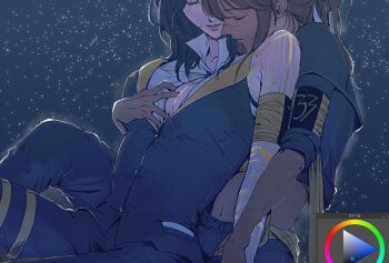 2girls adversarial_noise armband art_program_in_frame black_hair black_jacket breasts brown_hair clair_obscur:_expedition_33 cleavage closed_eyes cowboy_shot front-to-back hand_on_another&#039;s_chest hoj_duck jacket lune_(clair_obscur:_expedition_33) multiple_girls navel night night_sky scar scar_on_face scar_on_nose sciel_(clair_obscur:_expedition_33) sky star_(sky) starry_sky yuri