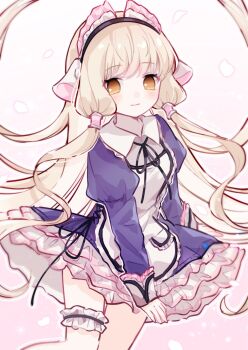 Rule 34 | 1girl, black hairband, black ribbon, blonde hair, blush, chii, chobits, closed mouth, commentary, cowboy shot, dress, frilled dress, frilled thigh strap, frills, hairband, highres, juliet sleeves, light smile, long hair, long sleeves, looking at viewer, neck ribbon, orange eyes, persocom (chobits), puffy sleeves, purple dress, ribbon, robot ears, solo, symbol-only commentary, thigh strap, yukomeow