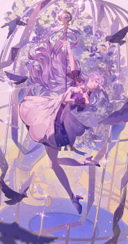 1girl absurdres bird closed_mouth commentary_request dress floating_hair gloves hair_between_eyes hand_on_own_chest head_wings high_heels highres holding holding_microphone_stand honkai:_star_rail honkai_(series) long_hair mi_ran_ran microphone_stand pumps purple_eyes purple_hair robin_(honkai:_star_rail) strapless strapless_dress very_long_hair white_dress white_gloves white_wings wings