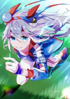 1girl animal_ears blue_eyes blue_hairband blue_jacket blue_shorts blue_sports_bra breasts collarbone commentary_request ear_covers electricity fingerless_gloves gloves grey_hair grey_tail hair_between_eyes hairband headband highres horse_ears horse_girl horse_tail jacket lightning_bolt_print lightning_bolt_symbol long_hair long_sleeves multicolored_hairband open_mouth pants parted_lips quro914803 red_headband running shorts small_breasts smile sports_bra striped_clothes striped_hairband sweat tail tamamo_cross_(fast_as_lightning)_(umamusume) tamamo_cross_(umamusume) two-tone_hairband umamusume very_long_hair white_pants