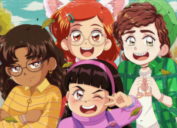 1990s_(style) 4girls abby_(turning_red) animification beanie black_hair braces brenni_murasaki brown_eyes brown_hair clip_studio_paint_(medium) commentary crossover dark-skinned_female dark_skin disney earrings faux_retro_artstyle glasses hat jewelry looking_at_viewer meilin_lee miriam_(turning_red) multiple_girls open_mouth overalls pixar priya_(turning_red) retro_artstyle shirt smile symbol-only_commentary turning_red