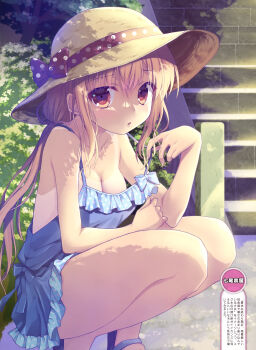 1girl absurdres artist_name blonde_hair blue_dress breasts brown_eyes cleavage collarbone dappled_sunlight day dengeki_moeoh dress frilled_dress frills hat highres long_hair looking_at_viewer magazine_scan medium_breasts nanao_naru no_bra original outdoors parted_lips scan sidelocks solo squatting stairs strap_lift sun_hat sundress sunlight tan tanline third-party_source translation_request