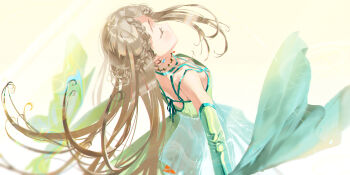 Rule 34 | 1girl, absurdres, blonde hair, braid, braided bangs, breasts, closed eyes, commentary request, detached sleeves, dress, earrings, elbow gloves, facing up, from above, gakuen idolmaster, gloves, green dress, highres, idolmaster, jewelry, long hair, shinosawa hiro, small breasts, solo, superhoikoro