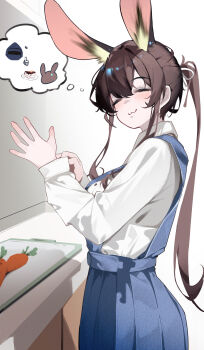 1girl 1other :3 absurdres alternate_costume amiya_(arknights) animal_ear_fluff animal_ears apron arknights blue_apron blush brown_hair cake cake_slice carrot chinese_commentary closed_eyes closed_mouth collar collared_shirt commentary_request cowboy_shot doctor_(arknights) food hair_between_eyes hair_ornament highres imagining kitchen long_hair long_sidelocks long_sleeves rabbit_ears rabbit_girl shenmi_de_xigua shirt sidelocks standing white_collar white_shirt