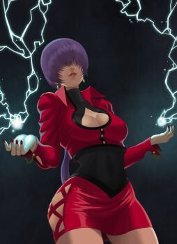 Rule 34 | 1girl, breasts, cleavage cutout, clothing cutout, curvy, dress, electricity, female focus, huge breasts, kkzk61539201, large breasts, long hair, orochi shermie, ponytail, purple hair, shermie (kof), skirt, tan, the king of fighters, thick thighs, thighs, thunder, wide hips