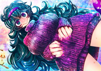 1girl @_@ black_hair blue_eyes blush bottomless breasts colored_sclera cowboy_shot curly_hair feet_out_of_frame from_below gen_1_pokemon gen_7_pokemon gengar grin hairband hakkasame hands_on_own_stomach headband hex_maniac_(pokemon) hex_maniac_(pokemon_xy) huge_breasts large_breasts long_hair long_sleeves looking_at_viewer looking_down mimikyu multicolored_eyes nail_polish nintendo pokemon pokemon_(creature) pokemon_xy purple_eyes purple_nail_polish purple_nails purple_sweater rainbow_background red_sclera ribbed_sweater ringed_eyes sleeves_past_wrists smile sweat sweat_drops sweater tagme teeth thighs turtleneck turtleneck_sweater two-tone_eyes very_long_hair wavy_mouth wide-eyed