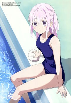 1girl absurdres anime_coloring arm_support armpit_crease artist_name blue_one-piece_swimsuit blush breasts collarbone copyright_name copyright_notice expressionless hair_between_eyes half_updo highres kao_ni_denai_kashiwada-san_to_kao_ni_deru_oota-kun kashiwada-san kim_taek-yong_(animator) long_hair looking_at_viewer magazine_scan megami_magazine official_art old_school_swimsuit one-piece_swimsuit pink_hair pool poolside purple_eyes scan school_swimsuit shadow sidelocks sitting small_breasts soaking_feet solo swimsuit third-party_source two_side_up water wispy_bangs