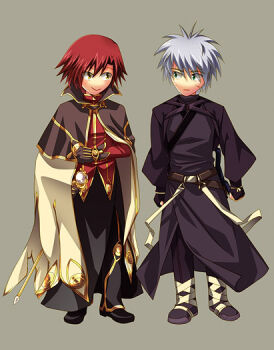 Rule 34 | 2boys, assassin (ragnarok online), belt, black coat, black pants, black shoes, brown capelet, brown eyes, brown gloves, cape, capelet, closed mouth, coat, commentary request, dated commentary, fingerless gloves, full body, gloves, grey background, grey hair, looking at another, looking to the side, male focus, multiple boys, oomojiya, pants, ragnarok online, red hair, red shirt, shirt, shoes, short hair, simple background, smile, standing, wizard (ragnarok online), yellow cape