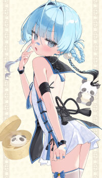 1girl ahoge antenna_hair backless_dress backless_outfit bandaid bandaid_on_face bandaid_on_finger bandaid_on_hand bandaid_on_nose bare_shoulders black_wrist_cuffs blue_eyes blue_hair braid braided_hair_rings china_dress chinese_clothes commentary_request cowboy_shot dress eyelid_pull flat_chest gold_dress hair_ornament hair_rings highres koyubita long_hair looking_at_viewer open_mouth original pom_pom_(clothes) pom_pom_hair_ornament side_slit sleeveless sleeveless_dress smile solo thighhighs white_dress white_thighhighs wrist_cuffs