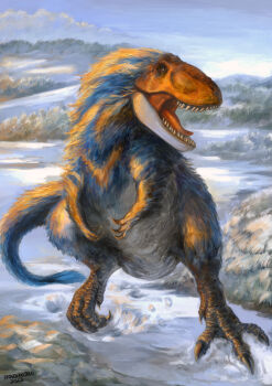 animal_focus cloud commentary_request dated dinosaur feathered_dinosaur feathers highres houdao920 no_humans original sharp_teeth snow solo teeth tongue yutyrannus