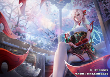 1girl aqua_hair bare_shoulders black_dress breasts cherry_blossoms closed_mouth cup dress gradient_hair irelia league_of_legends long_hair multicolored_hair mythmaker_irelia oohiro_rin pavilion sitting solo teacup teapot thighhighs white_thighhighs